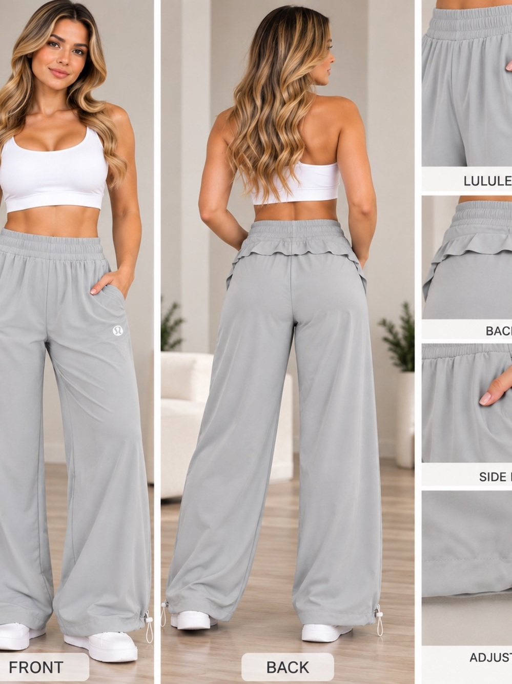lululemon athletica Light Gray Wide-Leg Ruffle Waist Pants